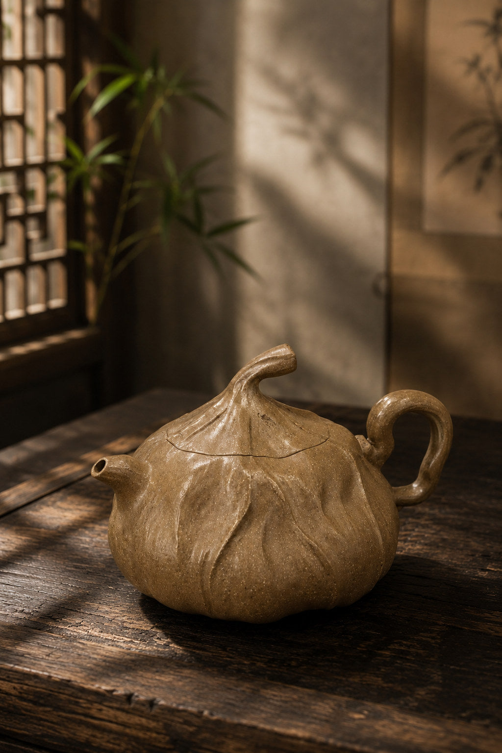 Product view 4 of 120ml Lotus Sculptural Form zisha teapot in Aged Duanni Clay, No. 092