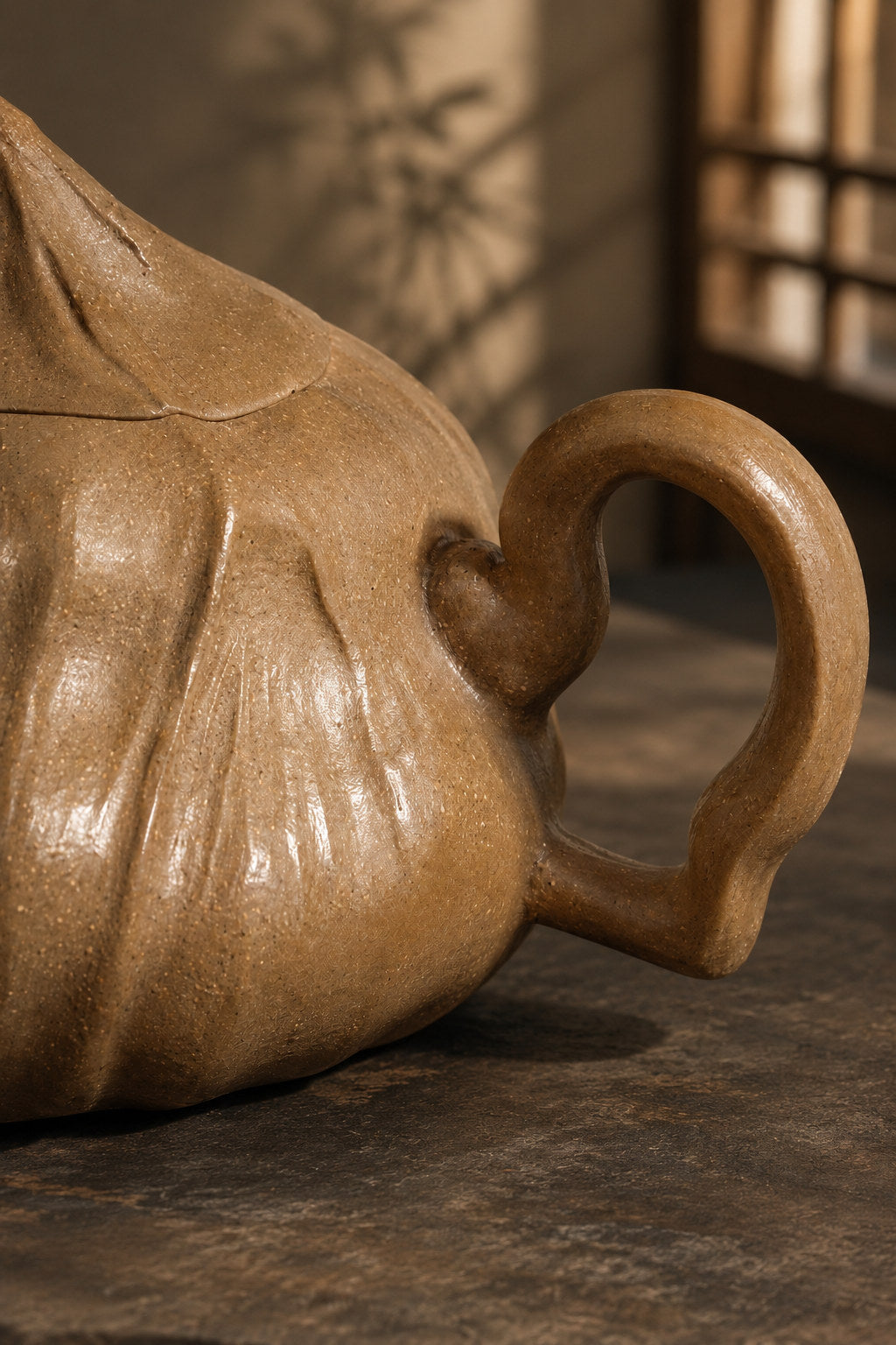 Product view 5 of 120ml Lotus Sculptural Form zisha teapot in Aged Duanni Clay, No. 092