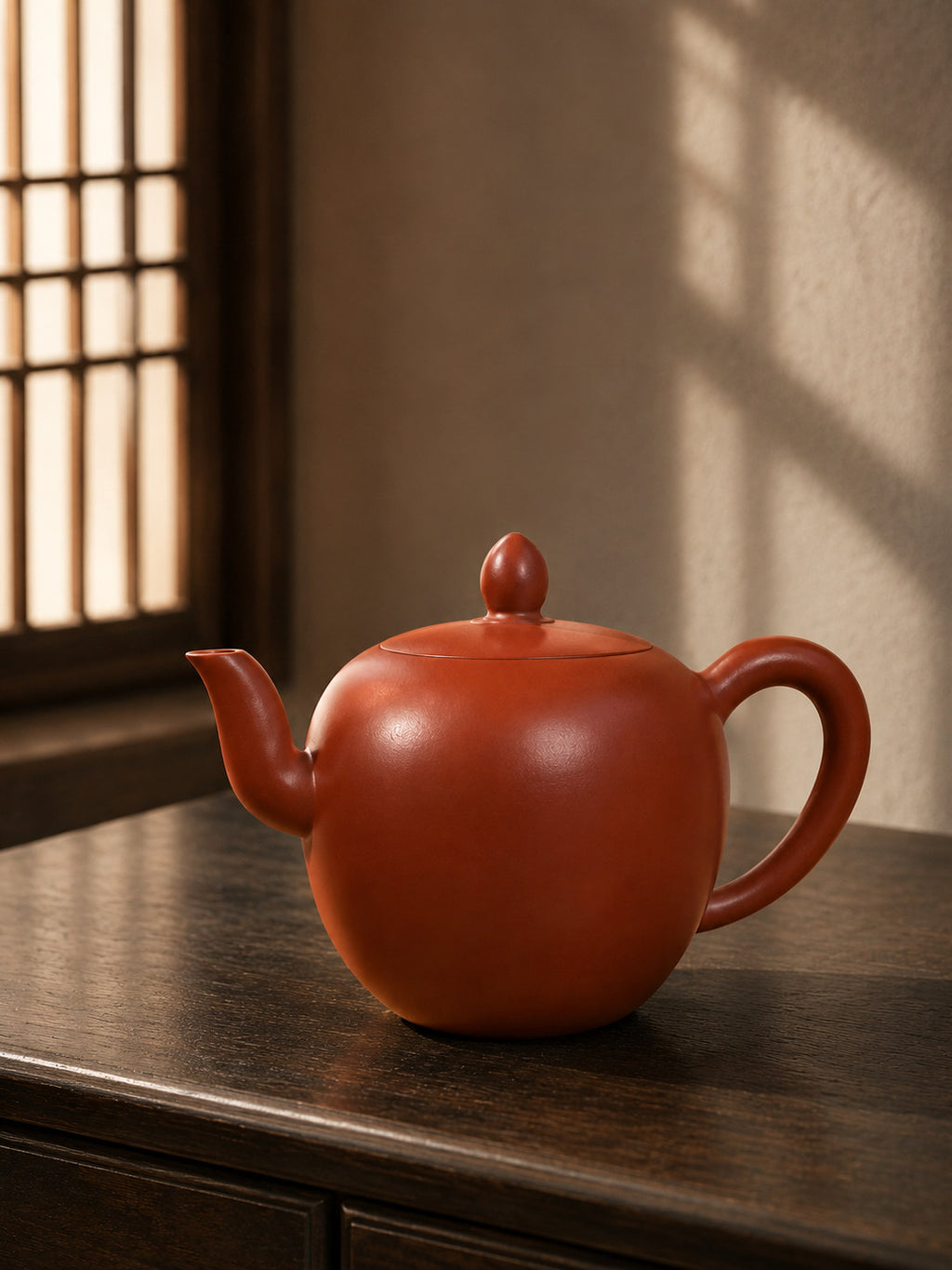 Mei Ren Jian teapot, full alternate side view with lattice shadows