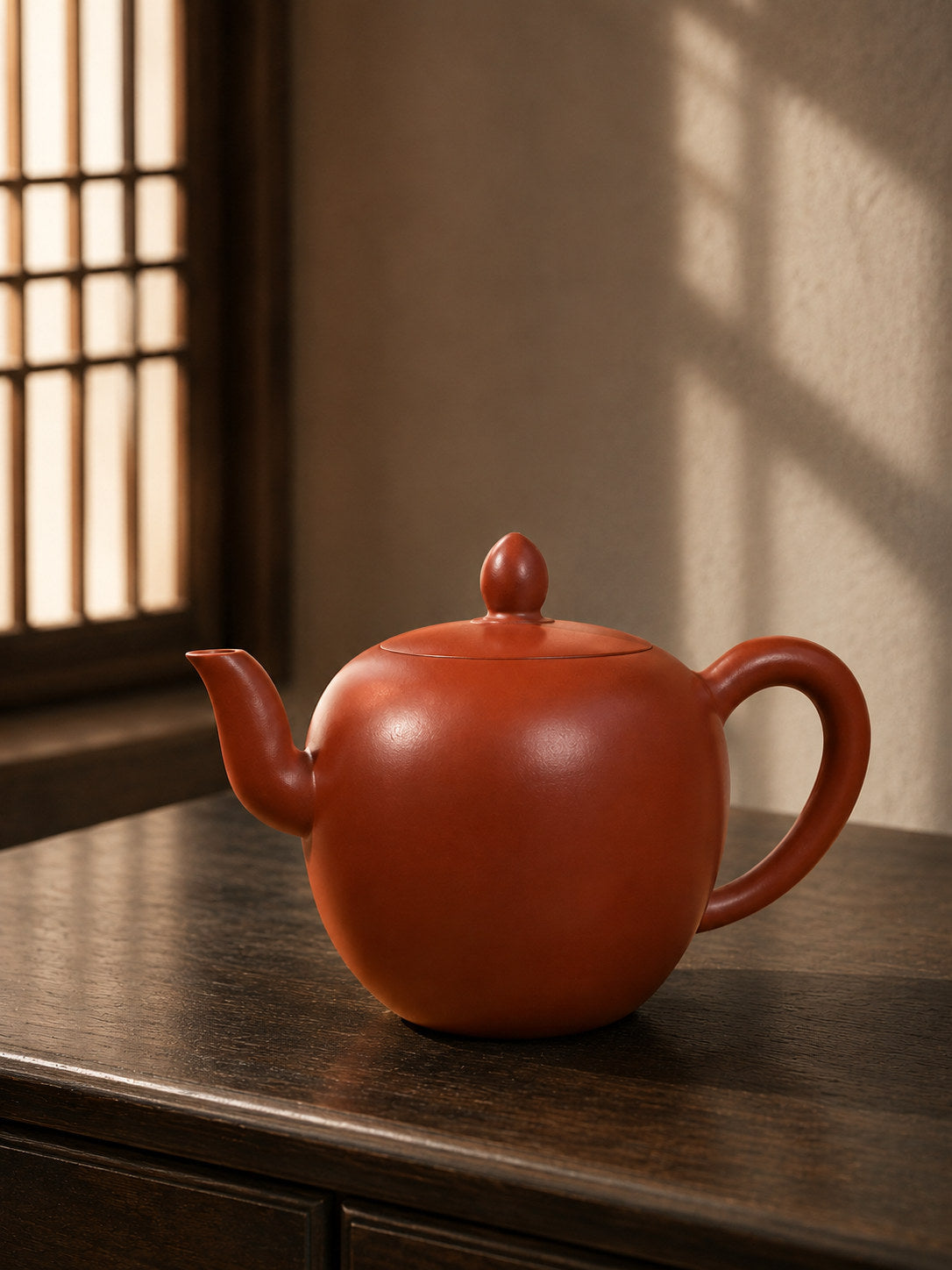 Mei Ren Jian teapot, full alternate side view with lattice shadows