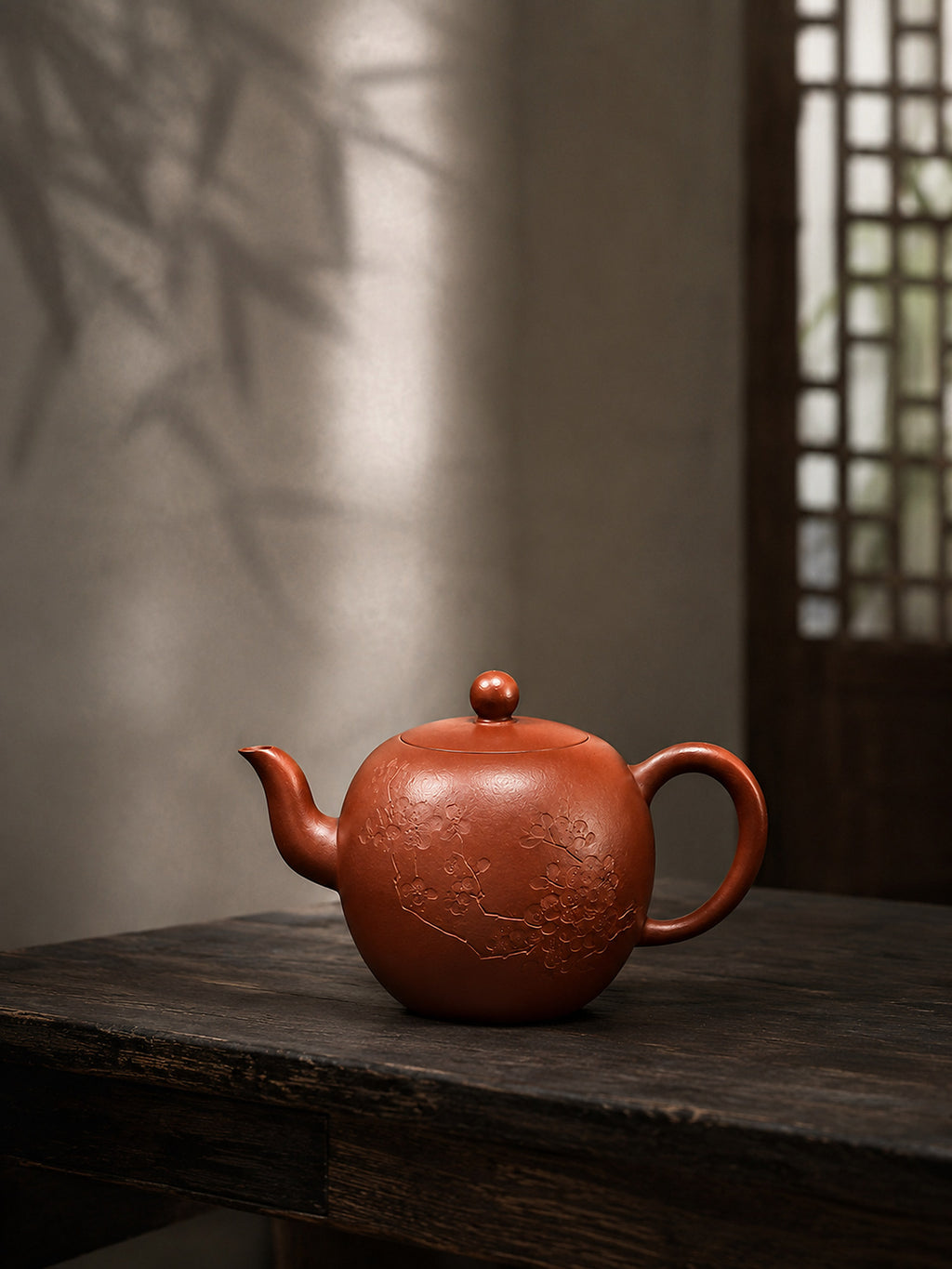 Zhuni Mei Ren Jian Yixing teapot, full carved side view