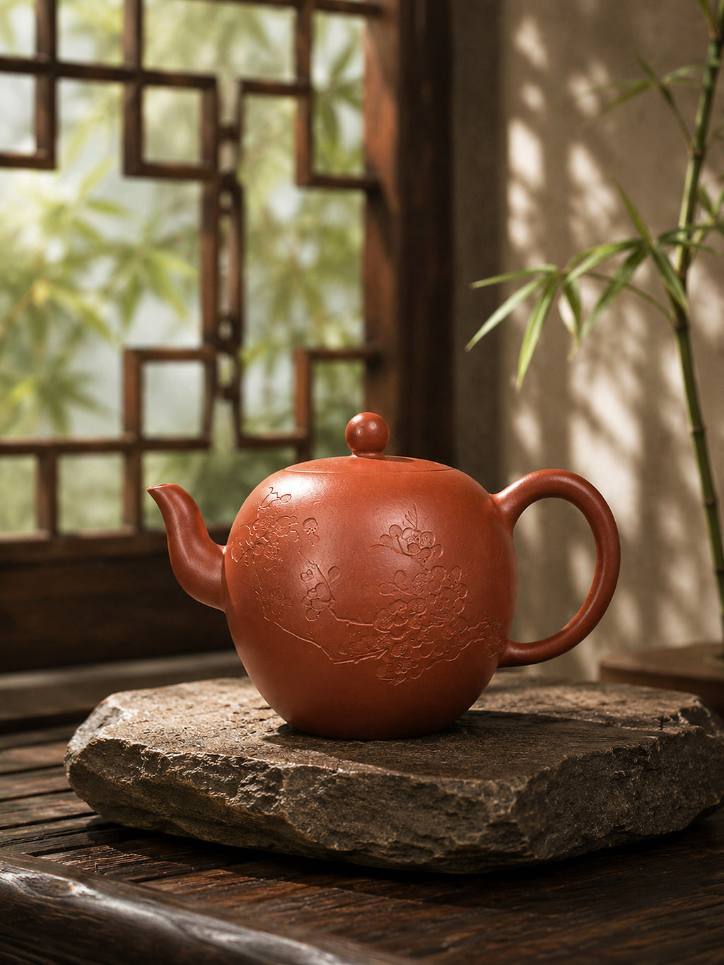 Carved Zhuni Mei Ren Jian teapot displayed on stone
