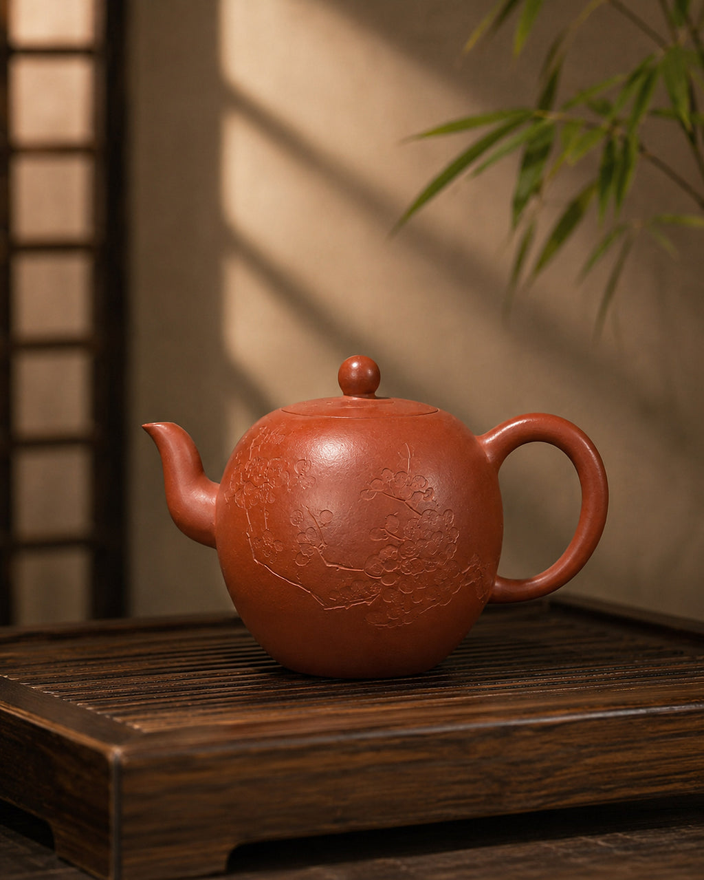 Zhuni Mei Ren Jian teapot with floral carving on a tea platform