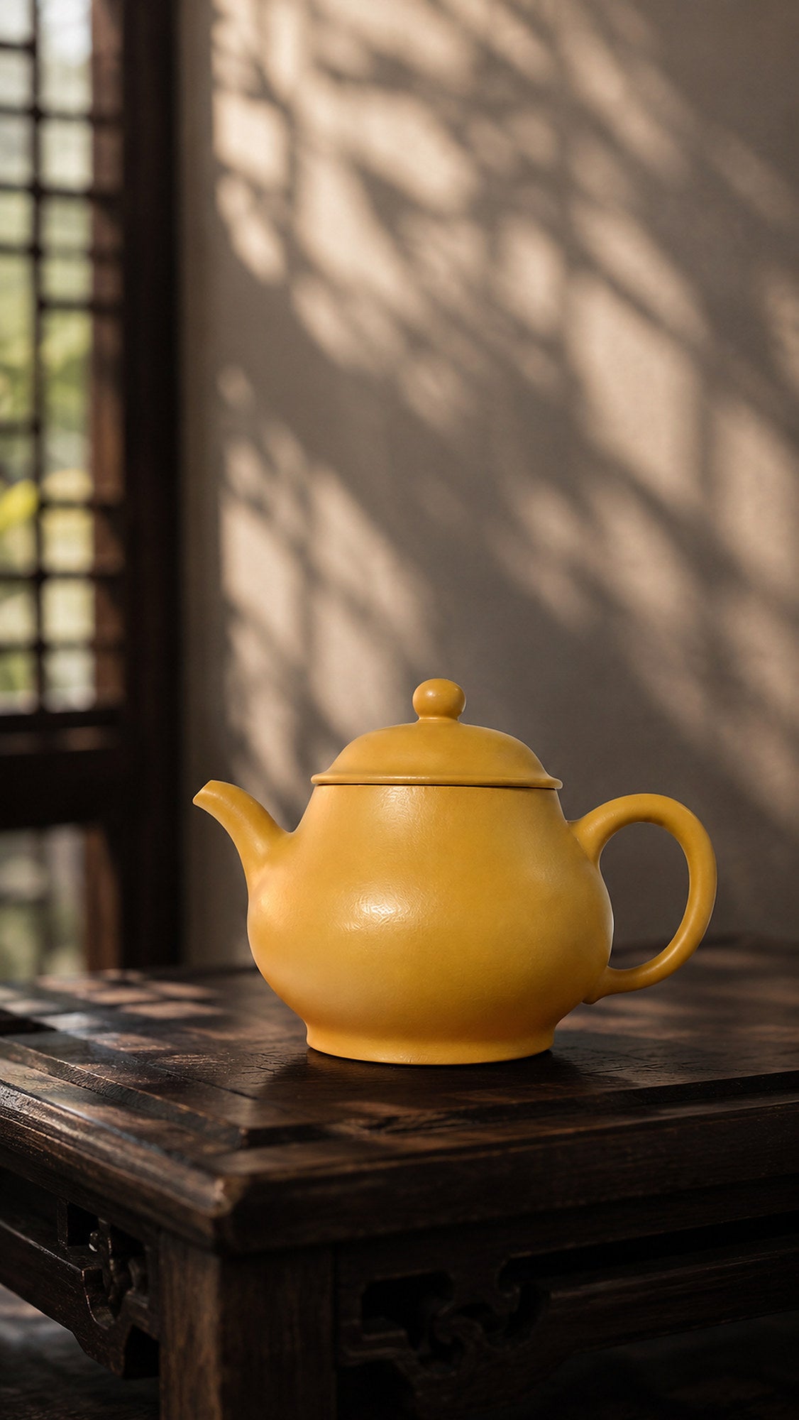 Pan Hu Yixing teapot in golden Zhuni, left profile on a dark wood table