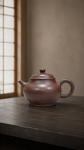 Pan Hu teapot in Zipao Yusha Clay, full side view on a dark wooden table near a window
