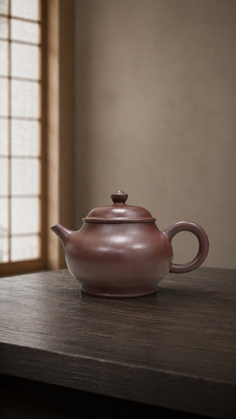 Pan Hu teapot in Zipao Yusha Clay, full side view on a dark wooden table near a window