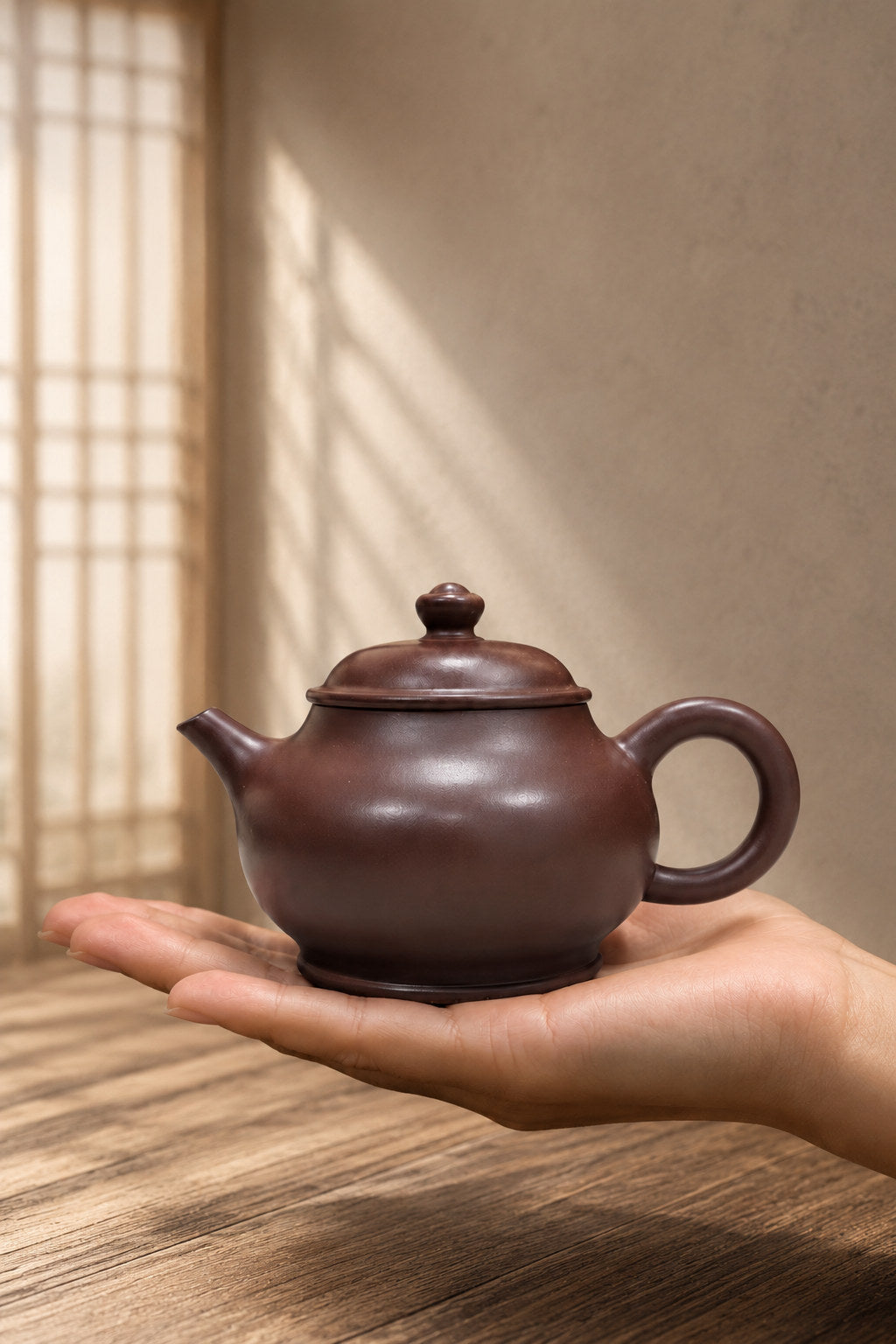 Pan Hu teapot, held on an open palm to show its compact scale