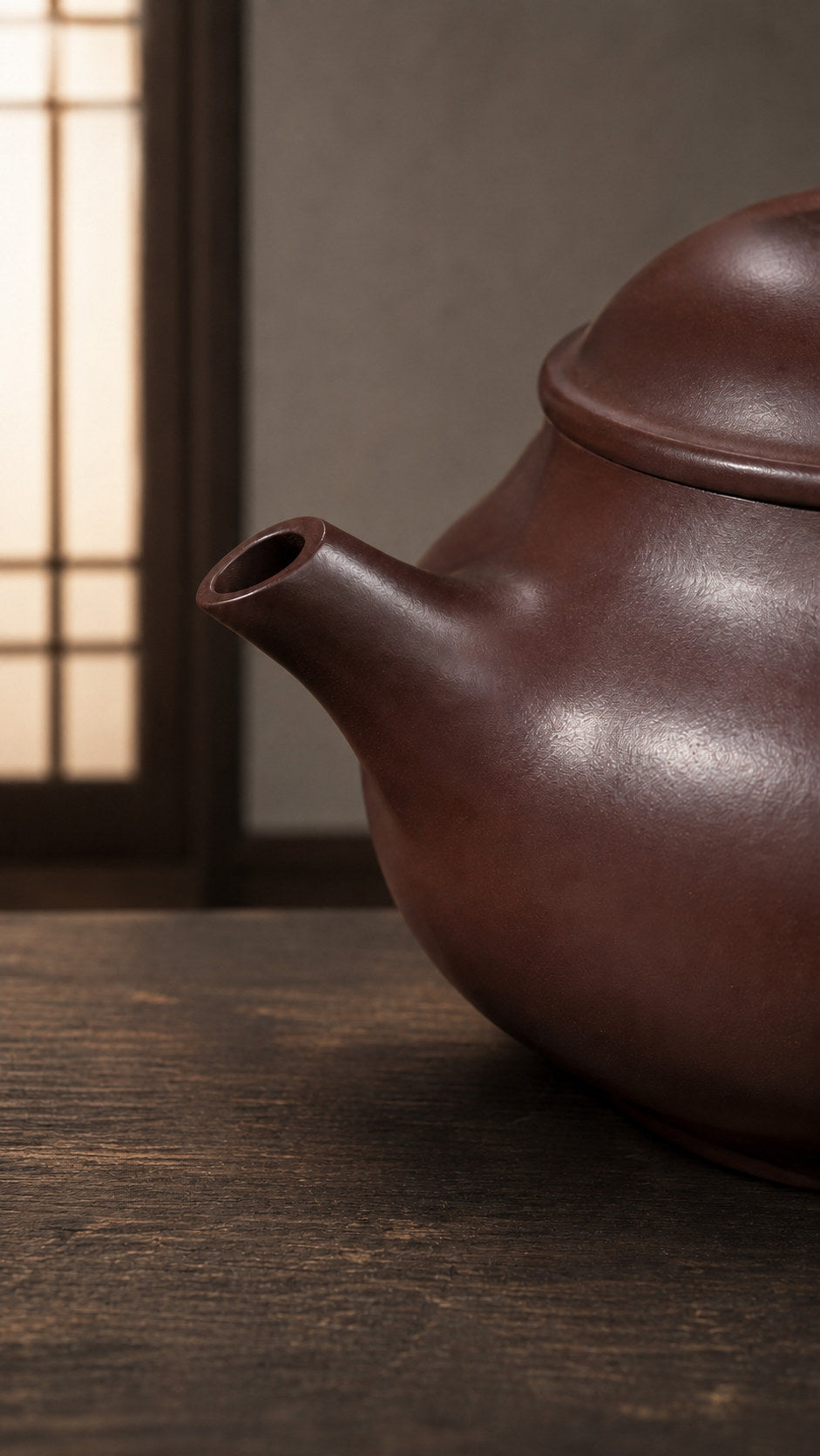 Pan Hu teapot, close-up of the short open spout and rounded shoulder