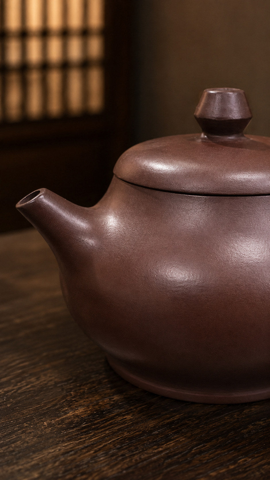 Pan Hu teapot, close-up of the short spout, angular lid knob, and rounded body