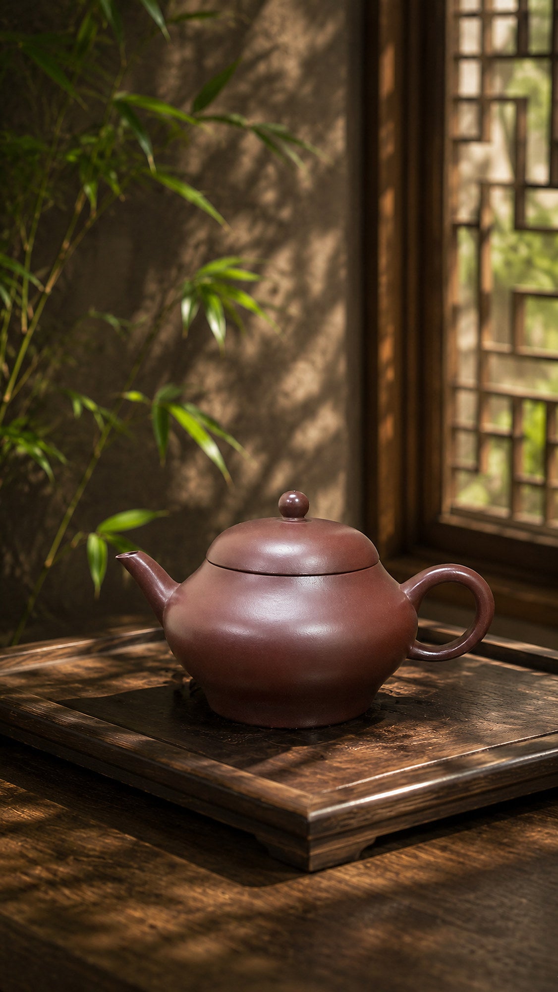Longxuesha pear-shaped teapot on a wooden tea platform