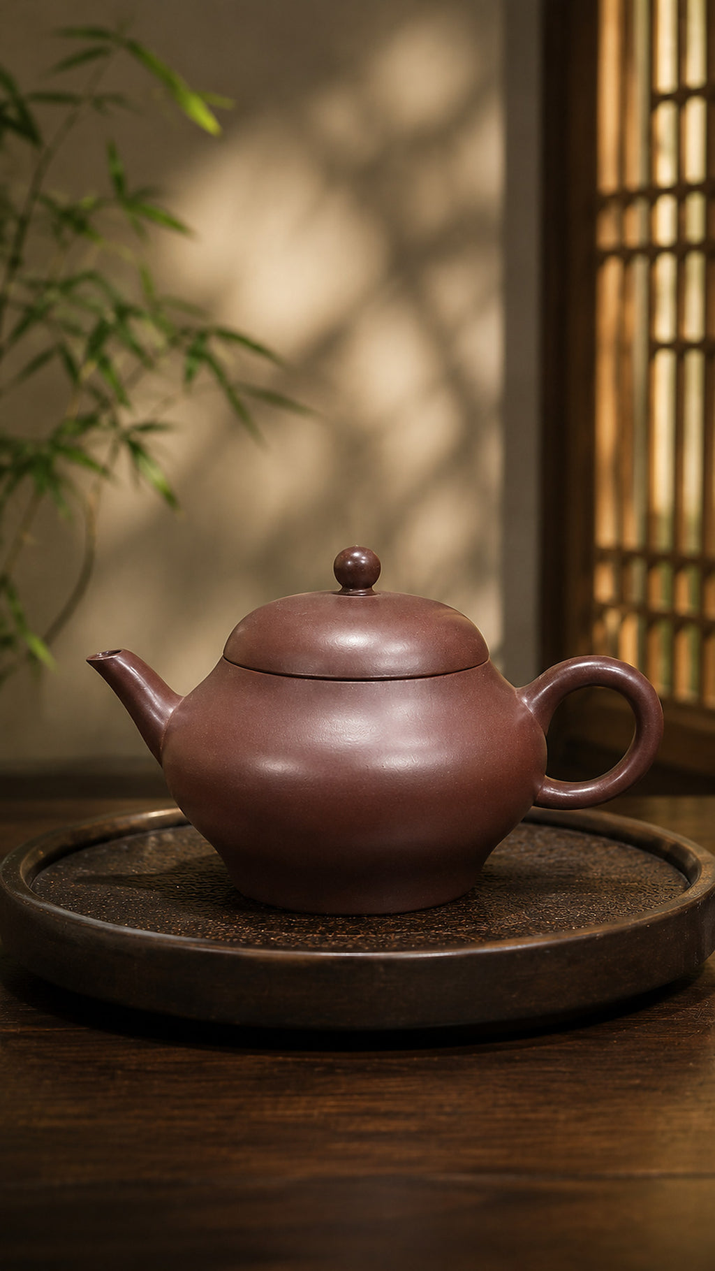 Longxuesha pear-shaped Yixing teapot on a round tray