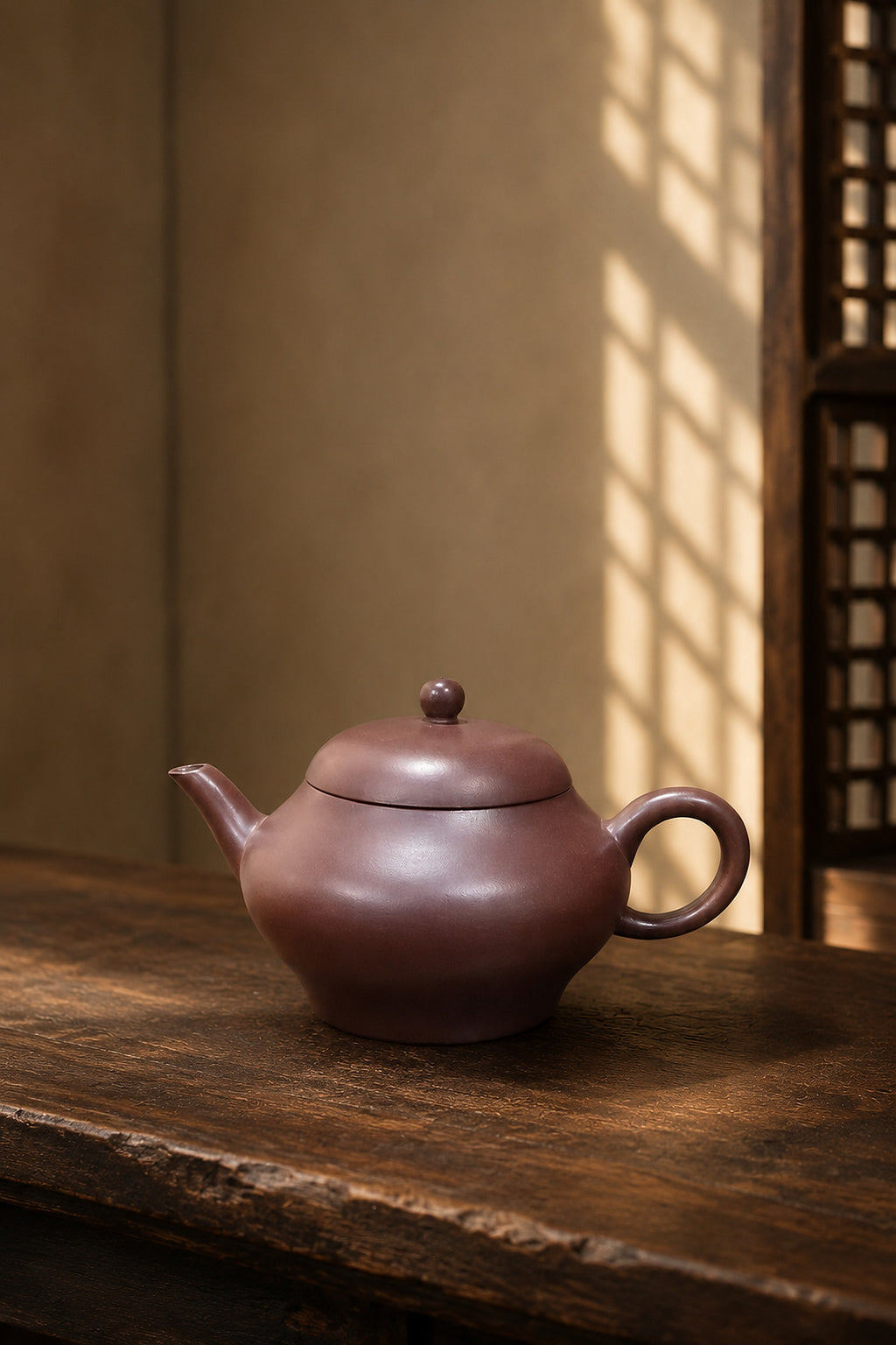 Longxuesha pear-shaped teapot in warm window light
