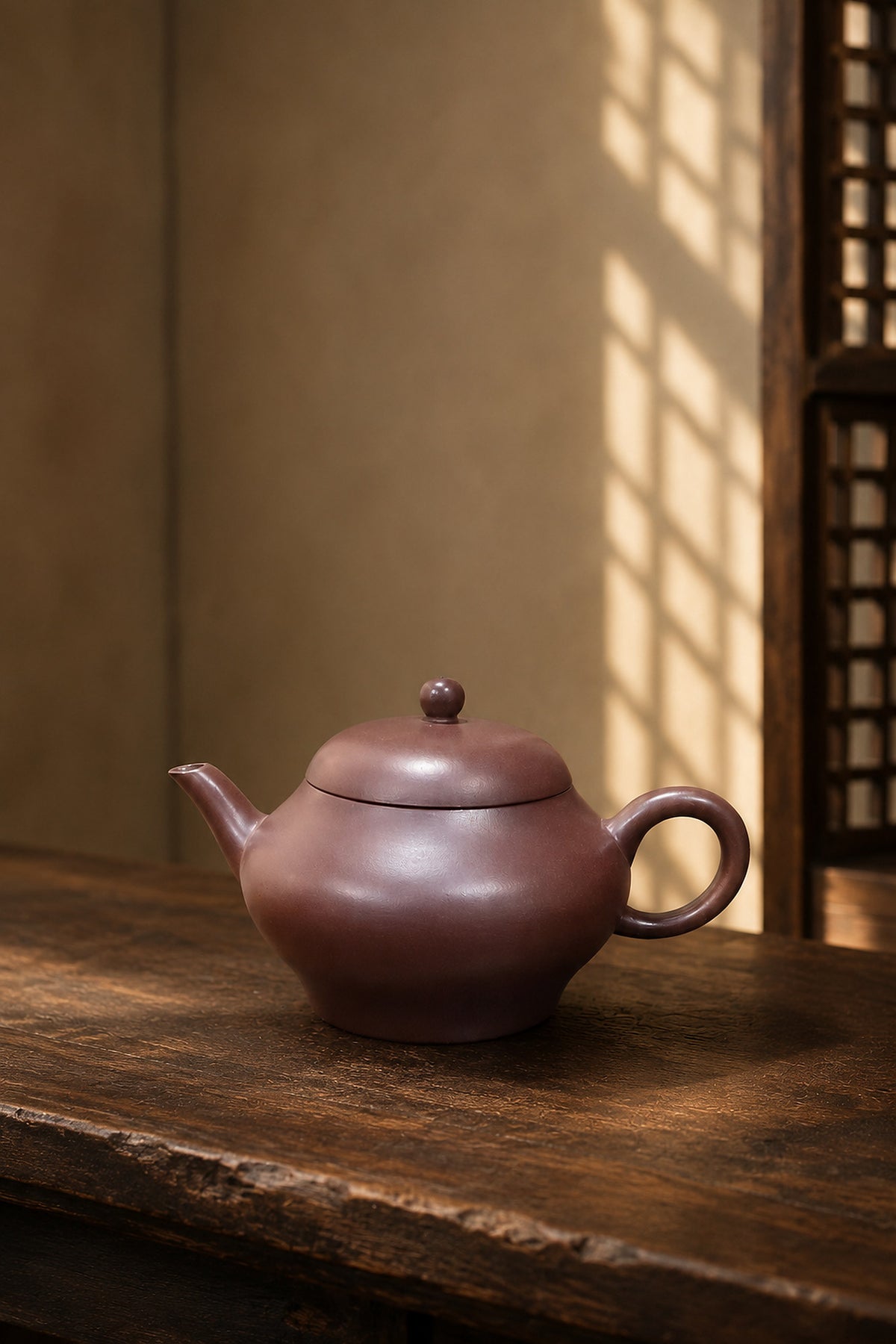 Longxuesha pear-shaped teapot in warm window light