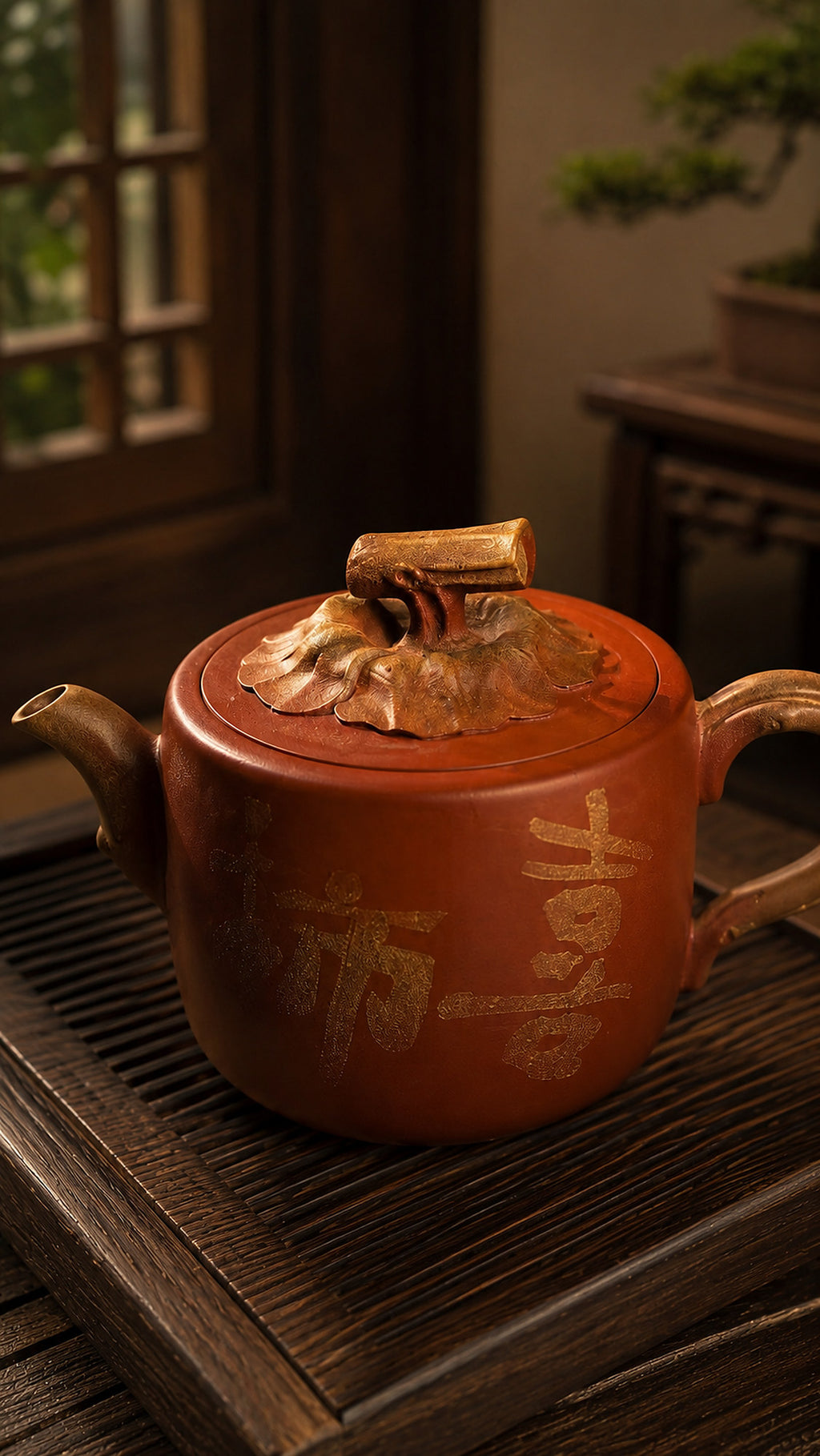 Persimmon-form Yixing teapot in aged Duanni, close front view of lid and calligraphy