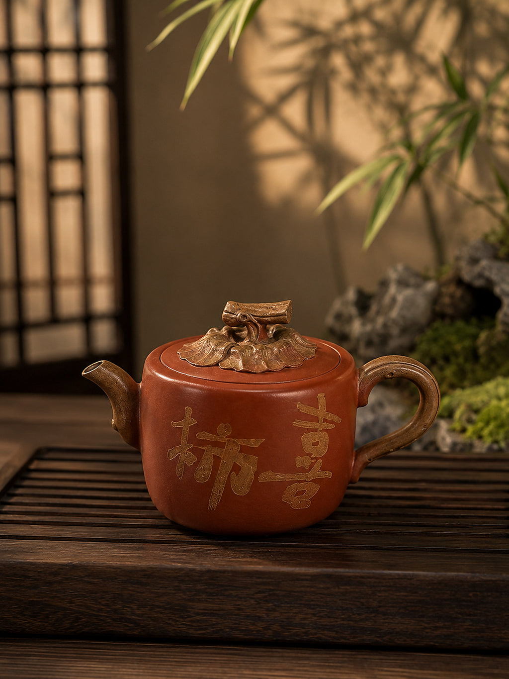 Persimmon-form Yixing teapot in aged Duanni, front view with gold calligraphy on a slatted tea tray
