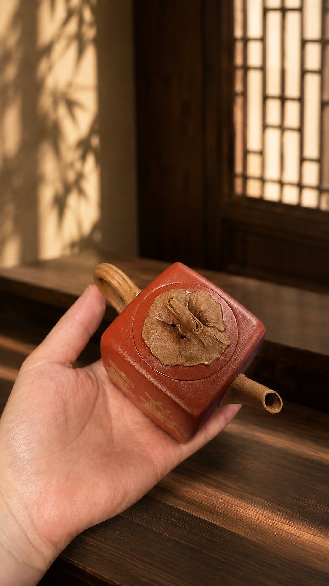 Product view 2 of 160ml Persimmon Square Sculptural Form zisha teapot in Aged Duanni Clay, No. 004