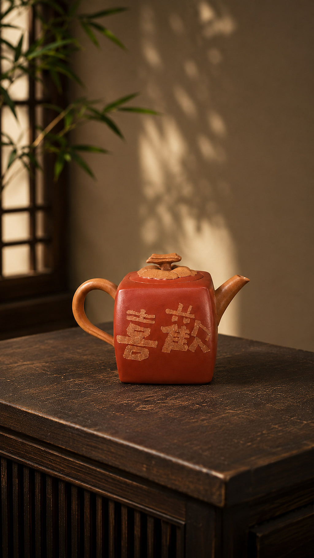 Persimmon-square Yixing teapot in aged Duanni, wide front view on a wood table