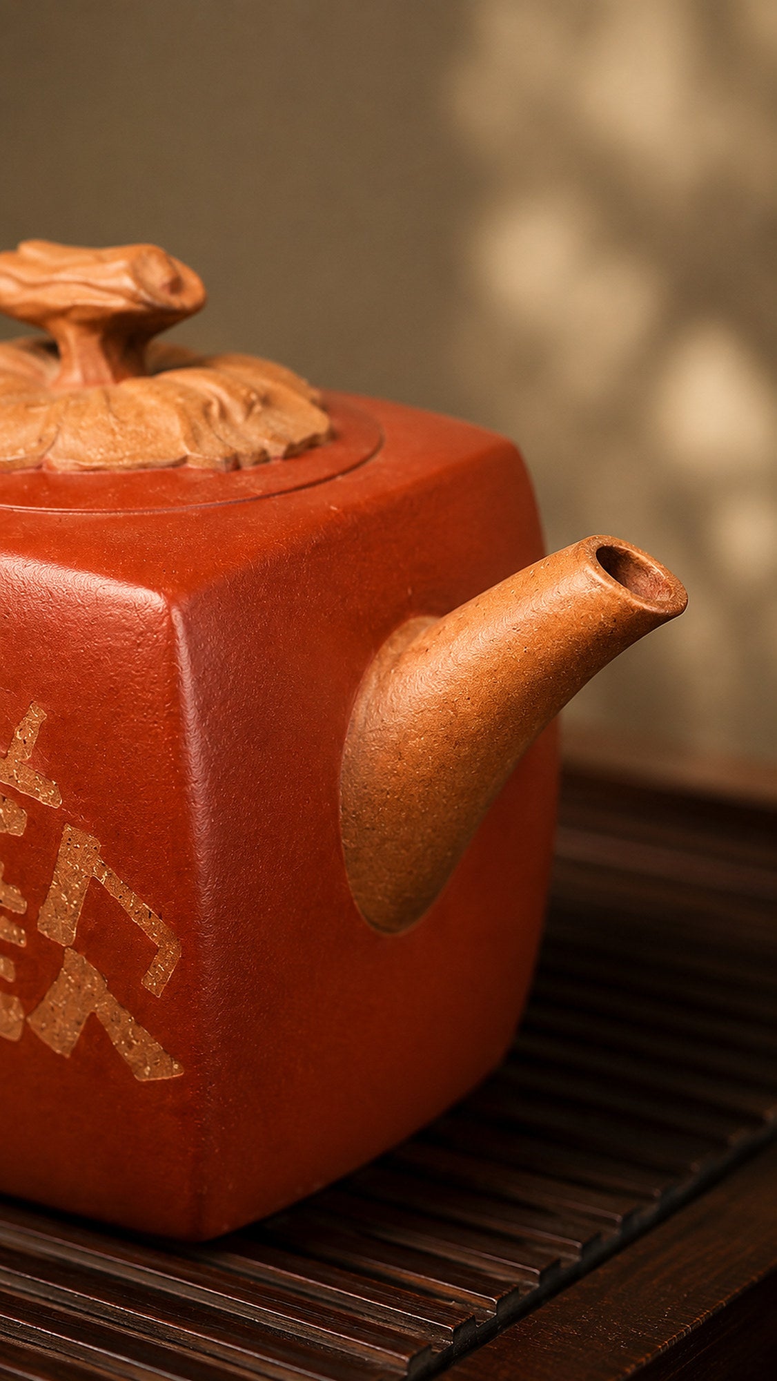 Product view 5 of 160ml Persimmon Square Sculptural Form zisha teapot in Aged Duanni Clay, No. 004