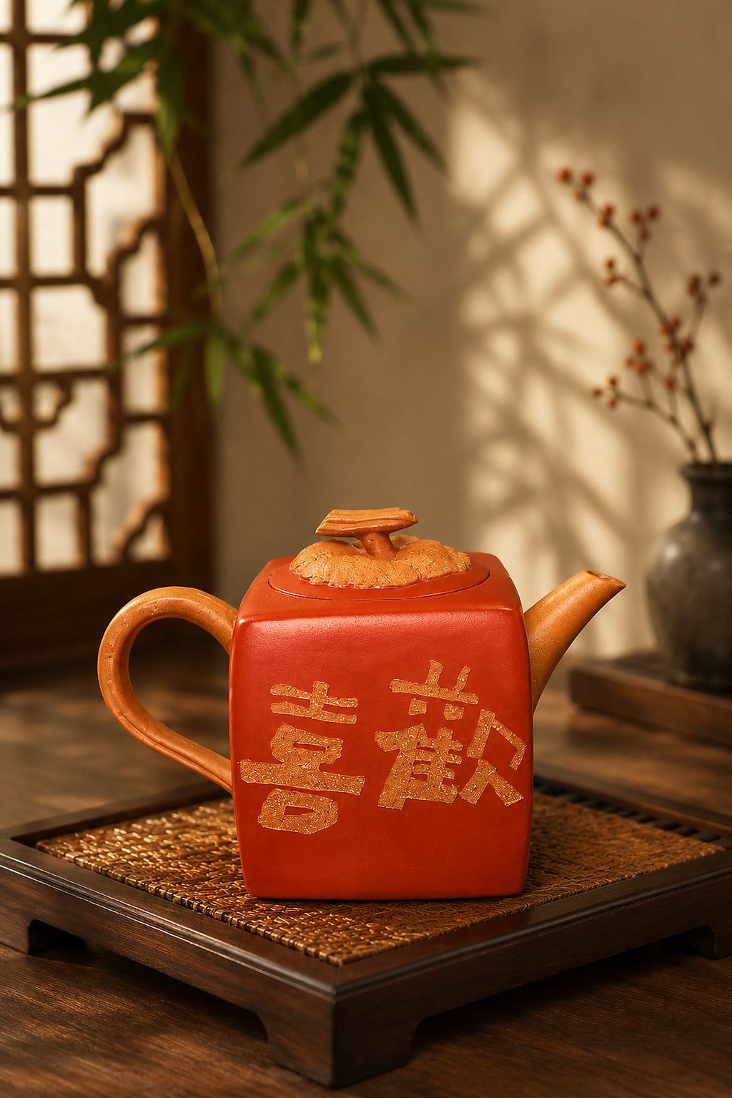Persimmon-square Yixing teapot in aged Duanni, front view on a tea tray