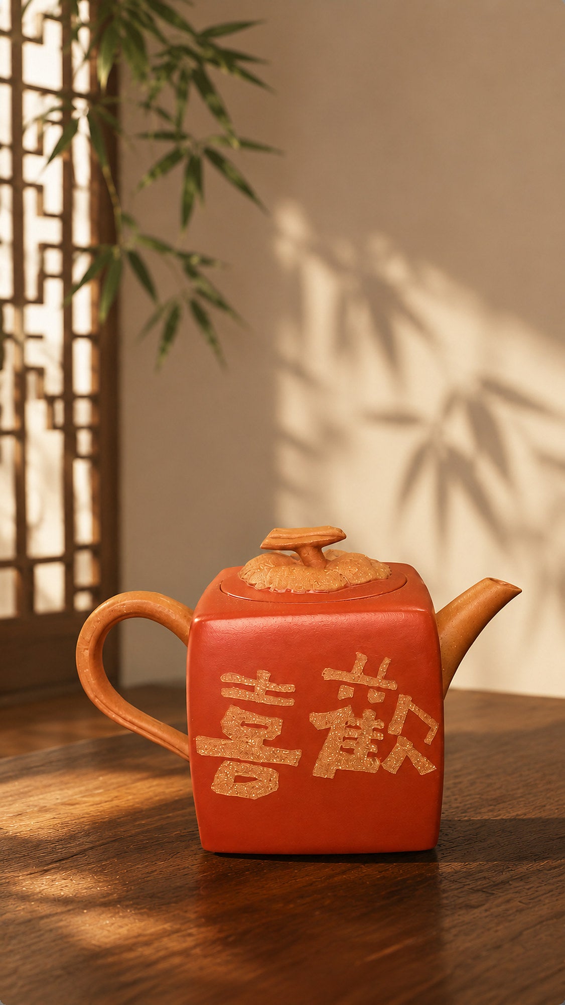 Persimmon-square Yixing teapot in aged Duanni, front view in warm window light