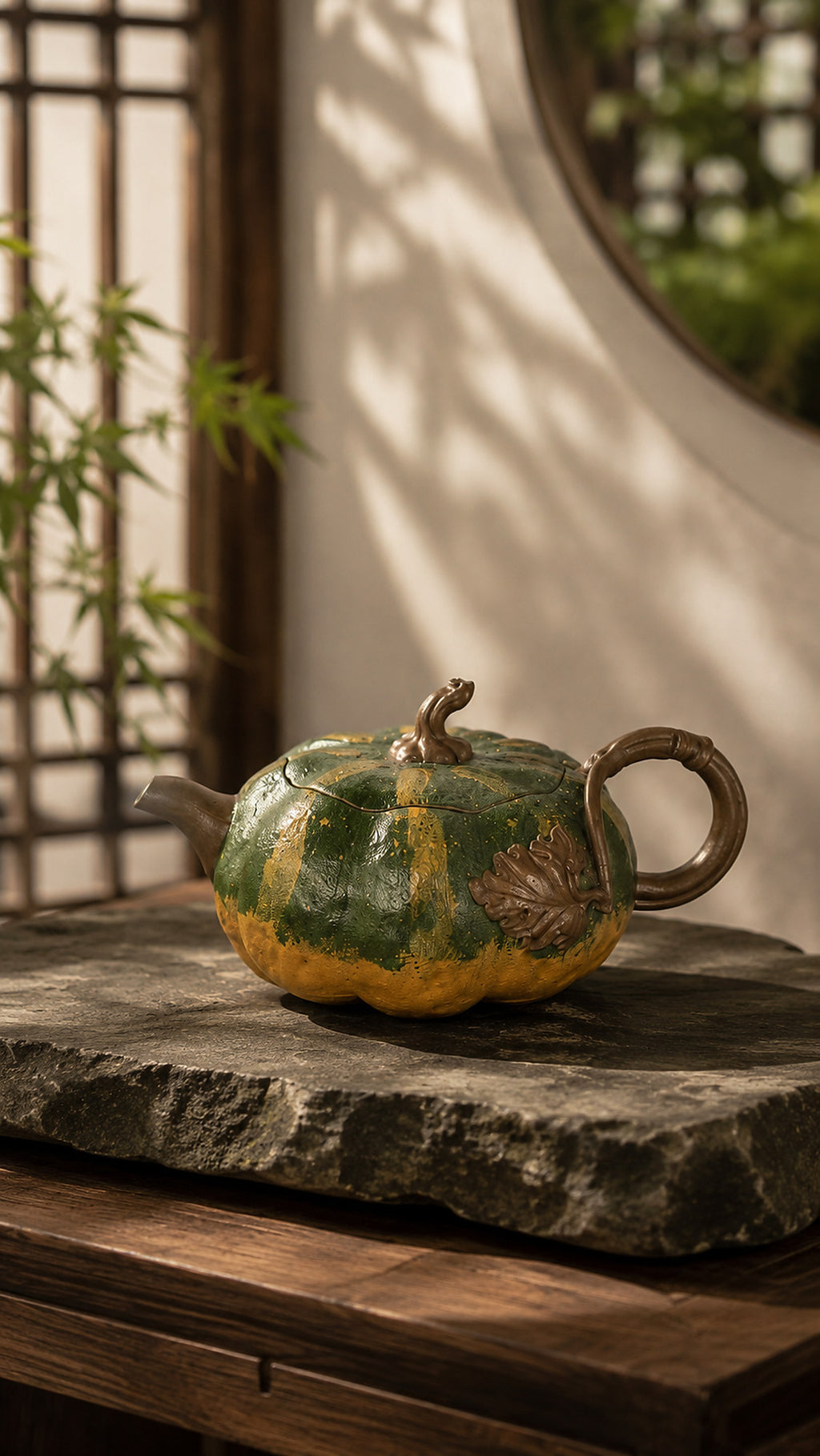 Pumpkin-form Yixing teapot in aged Duanni, left profile on a rough stone slab