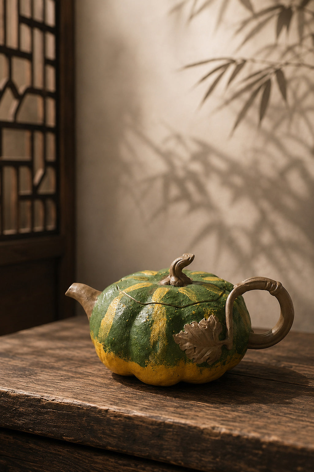 Pumpkin-form Yixing teapot in aged Duanni, left profile on a rustic table