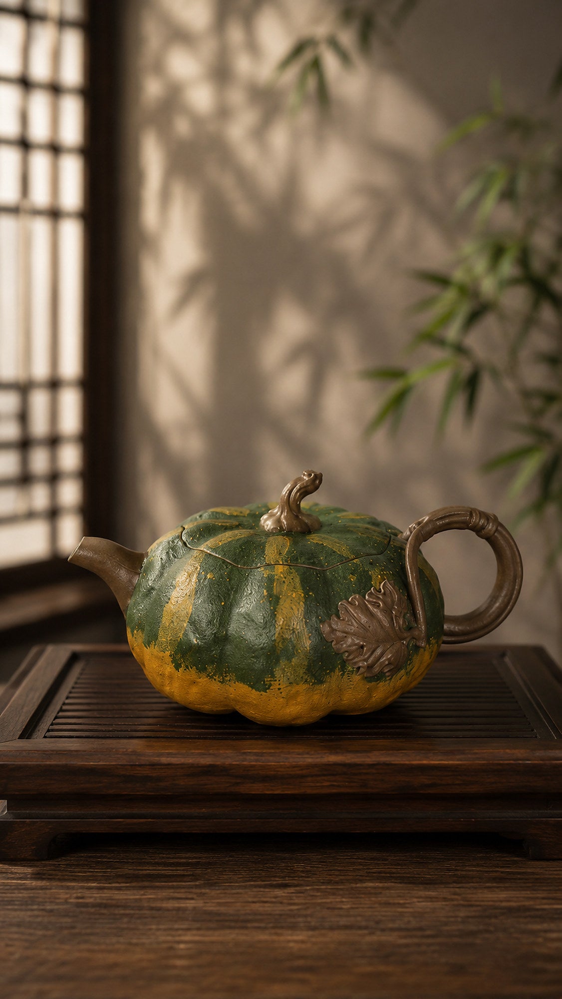 Pumpkin-form Yixing teapot in aged Duanni, left profile on a low wood stand