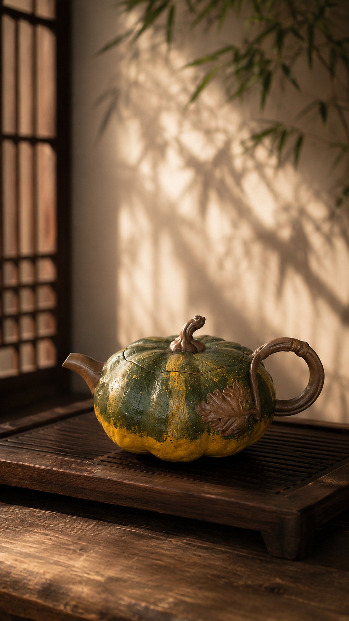 Pumpkin-form Yixing teapot in aged Duanni, left profile on a slatted tea tray