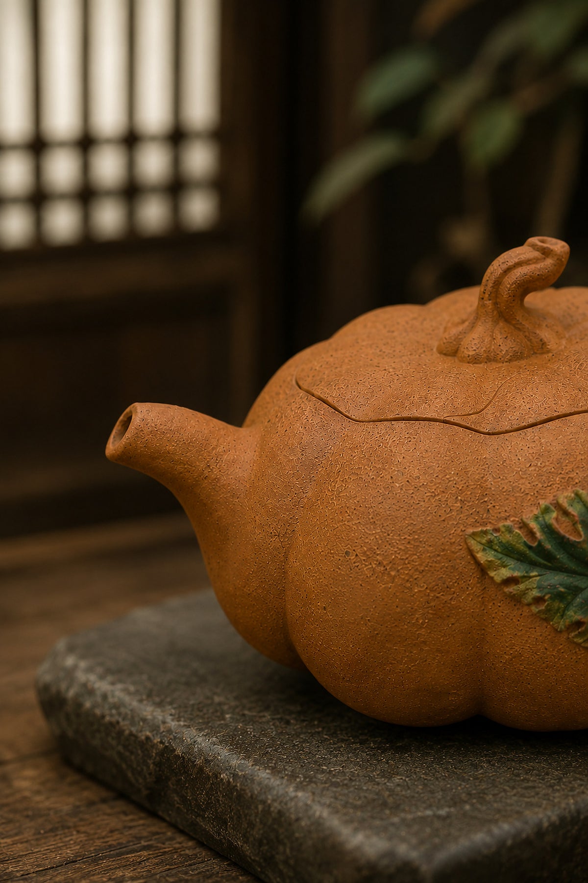 Pumpkin-form Yixing teapot in golden Duanni, close-up of spout and ribbed body