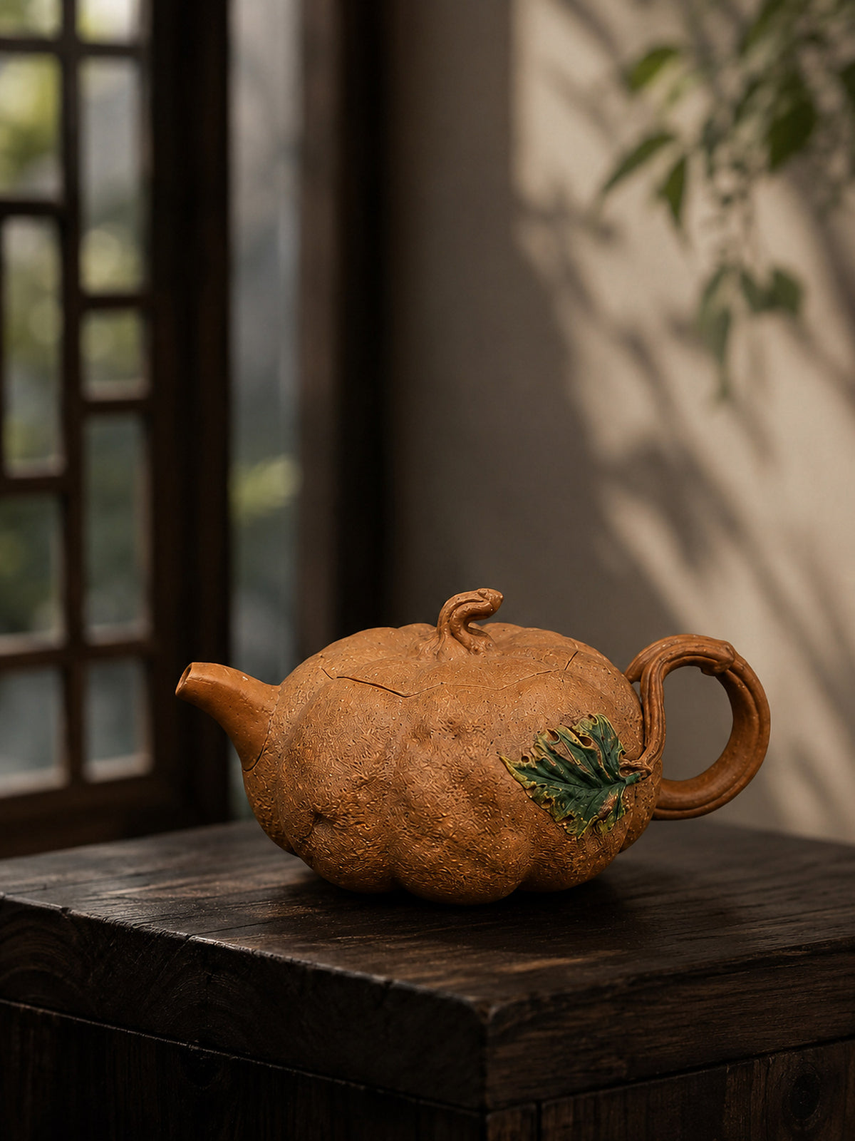 Pumpkin-form Yixing teapot in golden Duanni, profile on a dark wood block