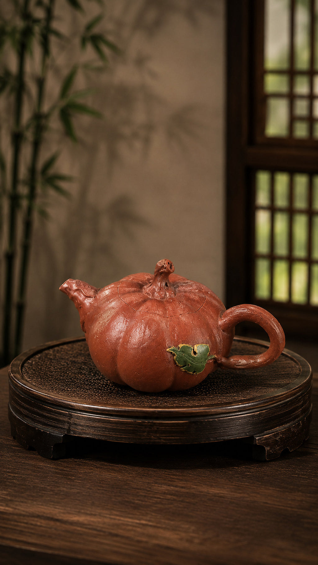 Pumpkin-form Yixing teapot in Jiangponi, profile on a carved round stand