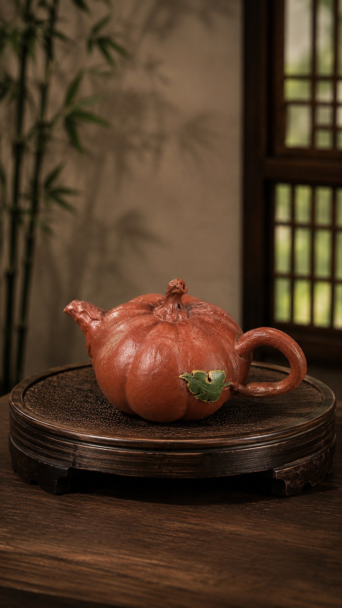 Pumpkin-form Yixing teapot in Jiangponi, profile on a carved round stand