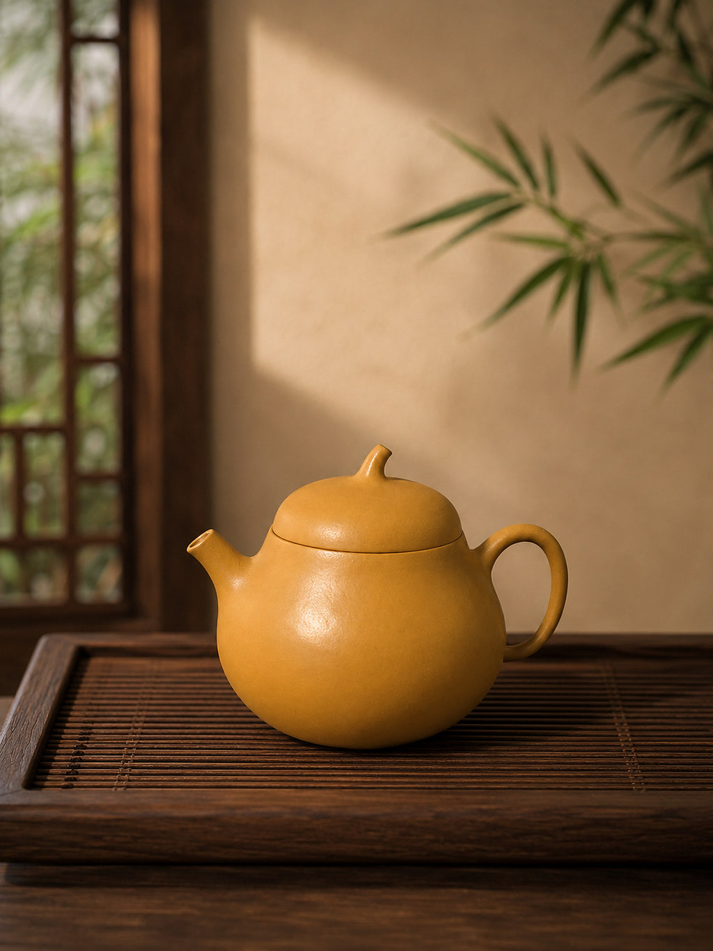 Qie Gua Yixing teapot in golden Zhuni, left profile on a slatted tea tray