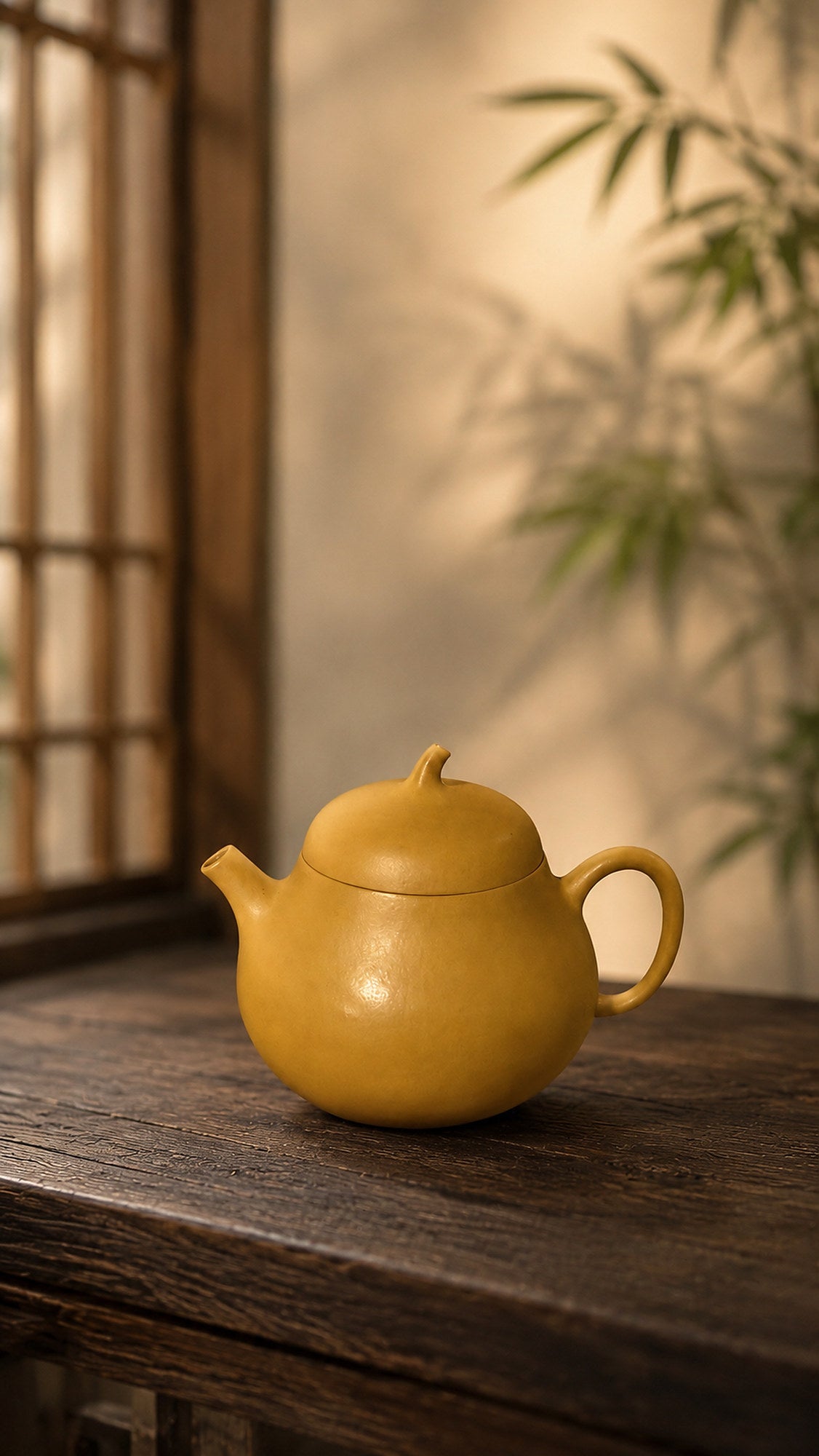 Qie Gua Yixing teapot in golden Zhuni, left profile on a rustic tabletop