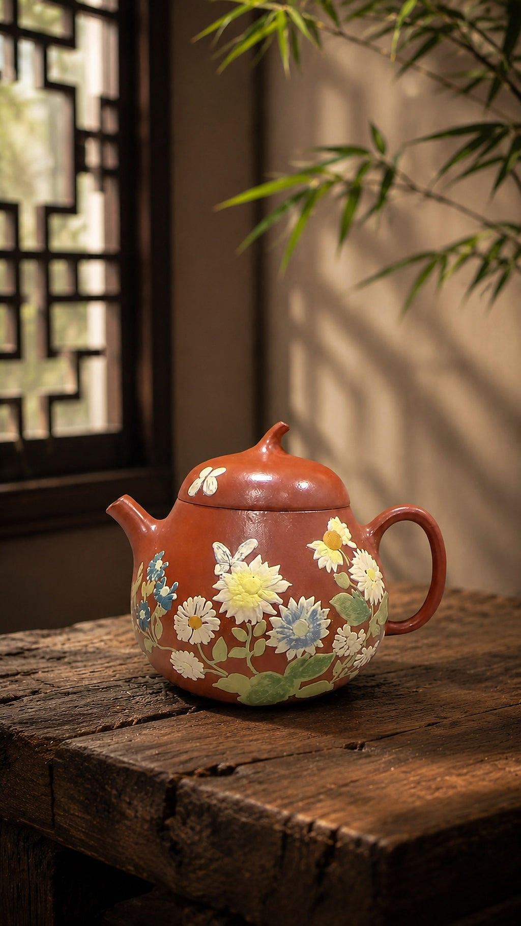 Zhuni Qie Gua teapot with painted flowers and butterflies