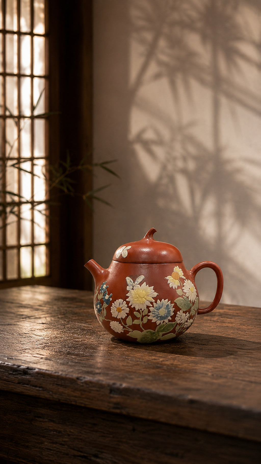 Decorated Zhuni Qie Gua teapot on a rustic wooden table