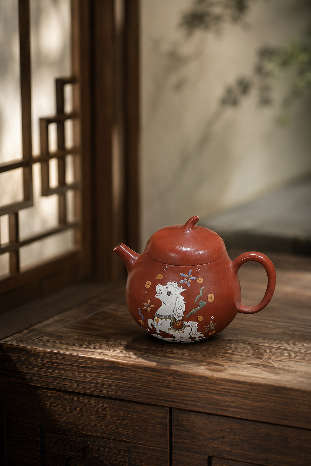 Horse-illustrated Zhuni Qie Gua teapot on a wooden table