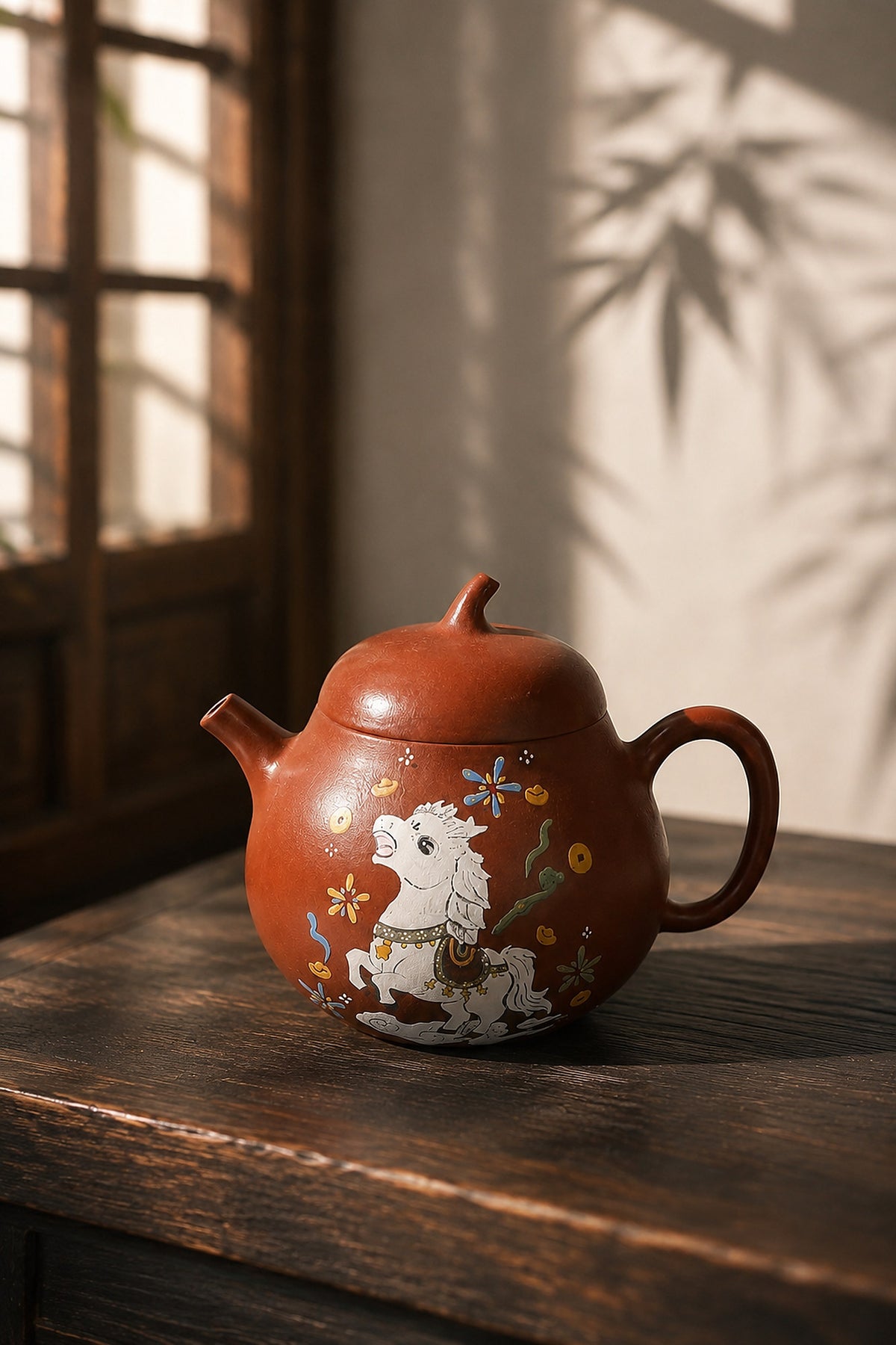 Illustrated Zhuni Qie Gua teapot, three-quarter view