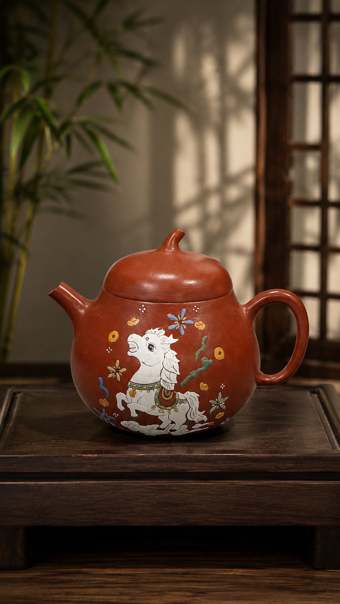 Zhuni Qie Gua Yixing teapot with white horse artwork