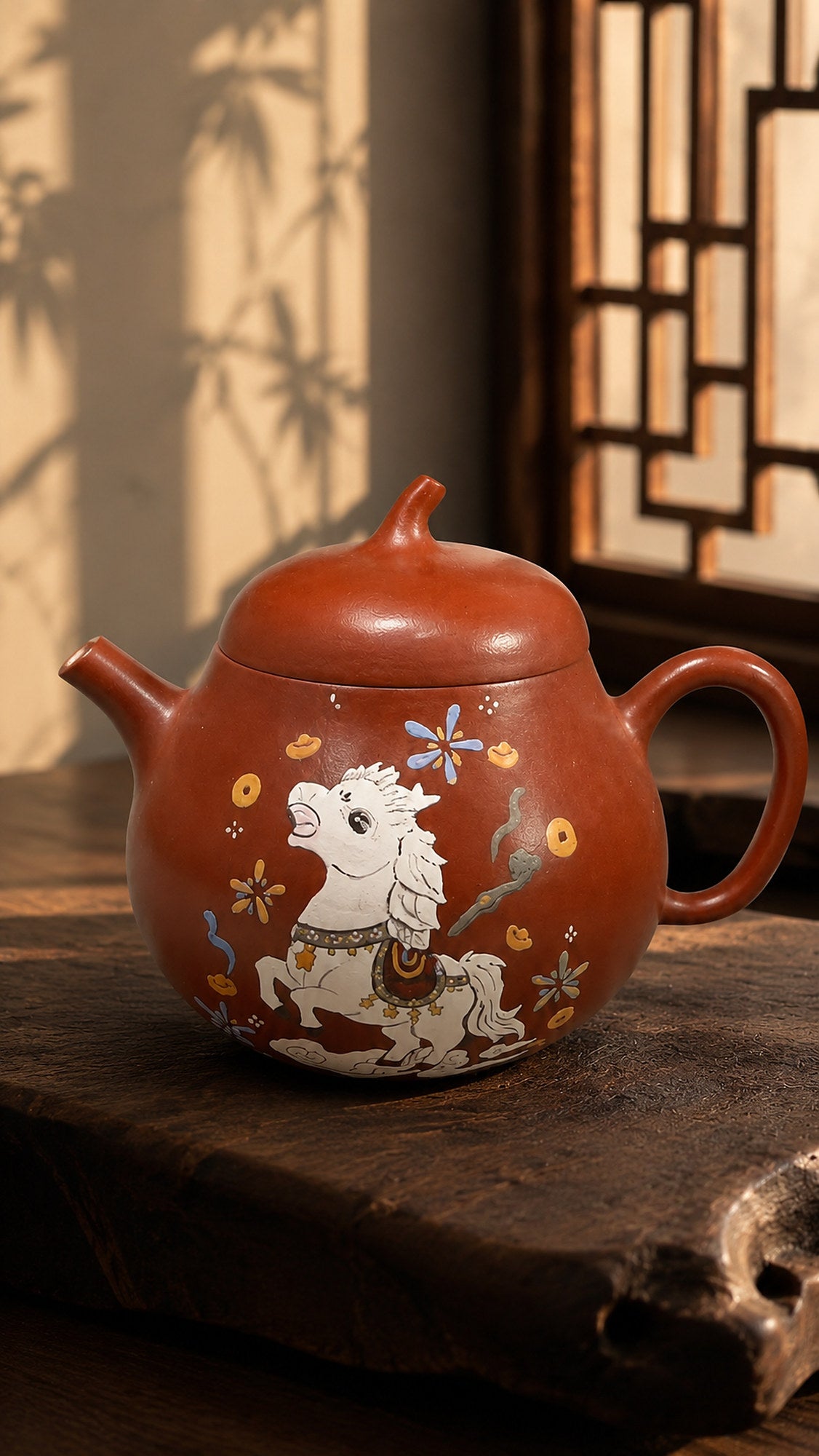 Horse-decorated Zhuni Qie Gua teapot on weathered wood