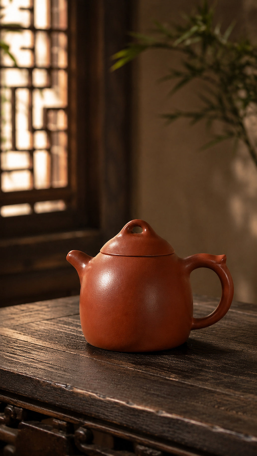 Red Jiangponi Qinquan teapot on a carved wooden table