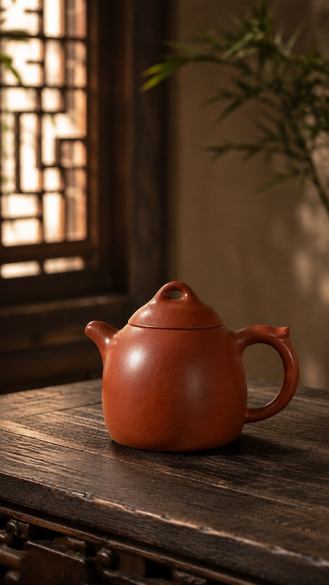 Red Jiangponi Qinquan teapot on a carved wooden table