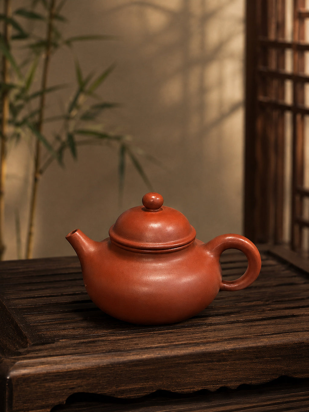 Zhuni clay Rongtian Yixing teapot, full side view on wood