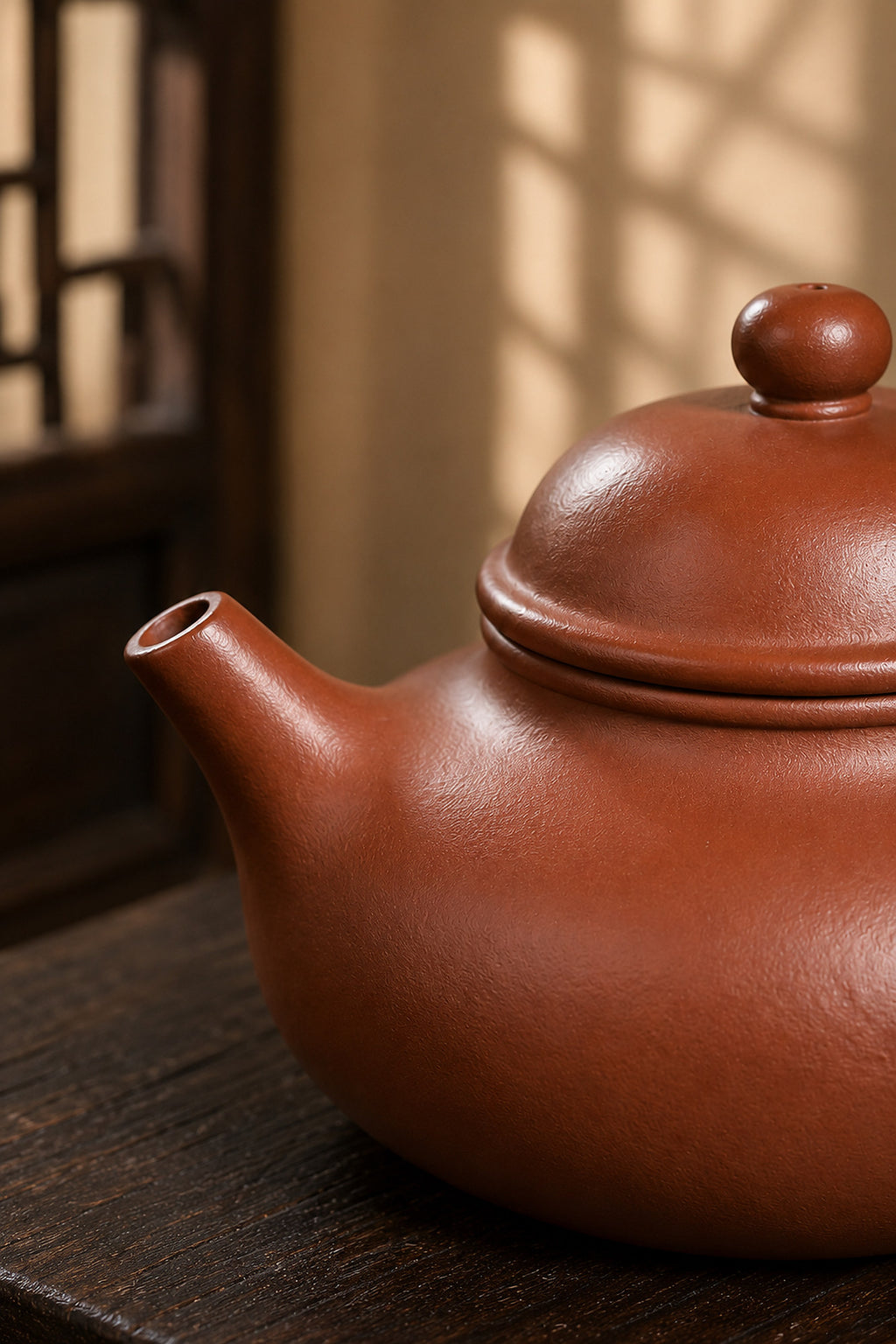 Zhuni Rongtian teapot close-up of spout and smooth clay surface