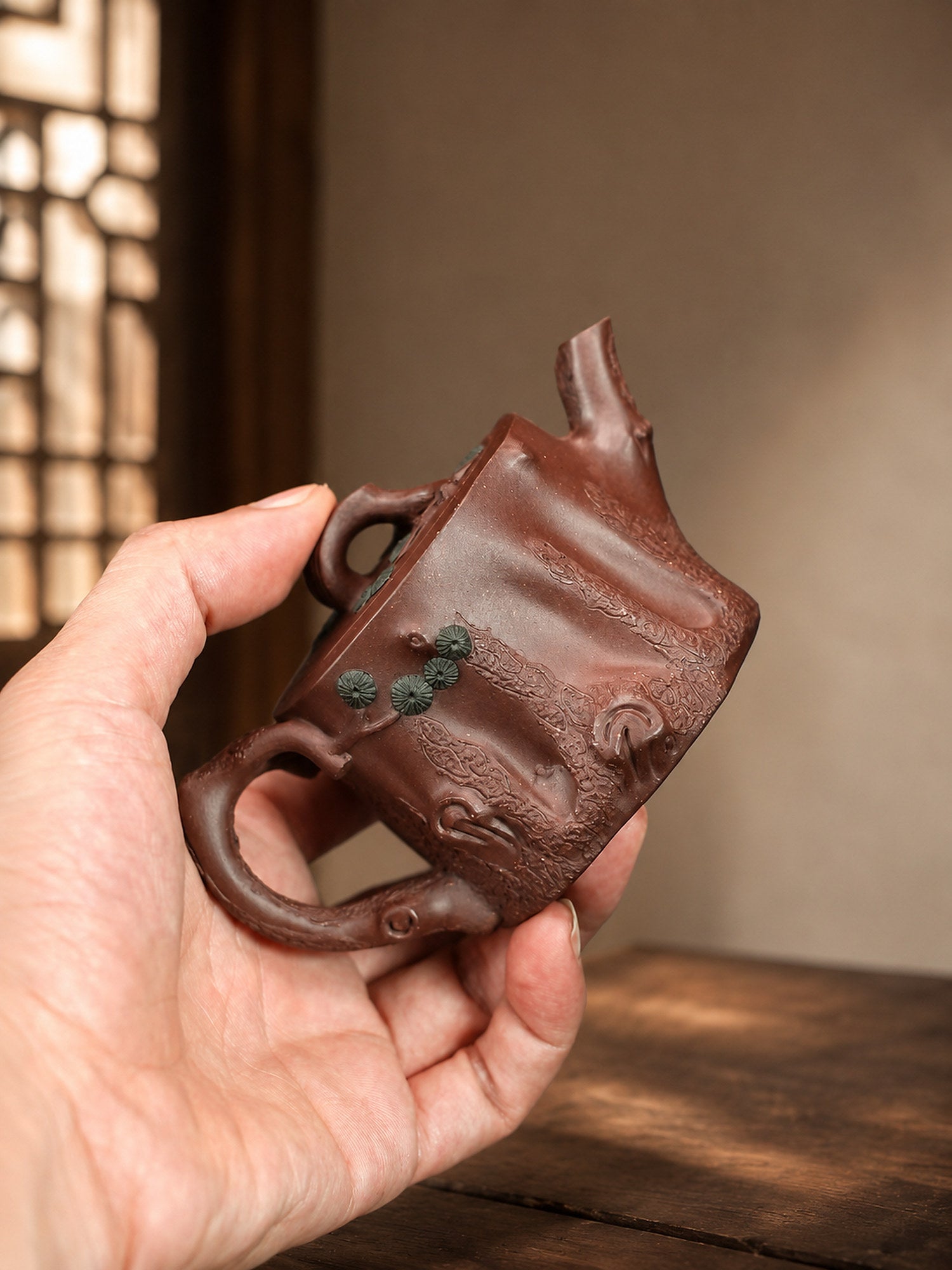 Product view 2 of 130ml Sculptural Form zisha teapot in Dicaoqing Zini Clay, No. 359