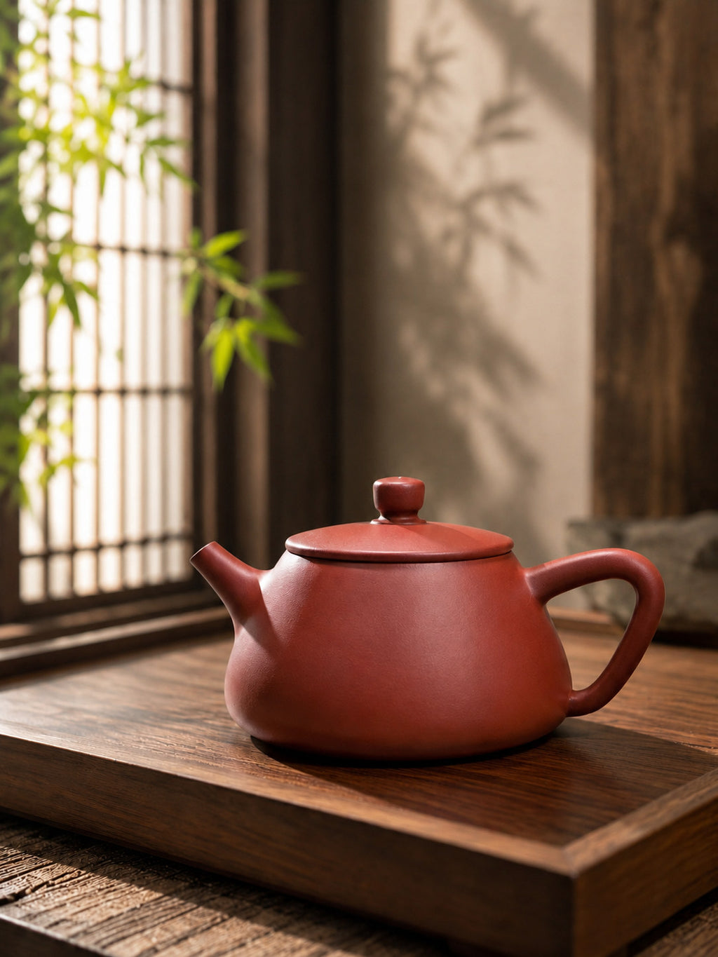 Flat-Lid Shipiao teapot, wide alternate side view on a wooden tray beside bamboo