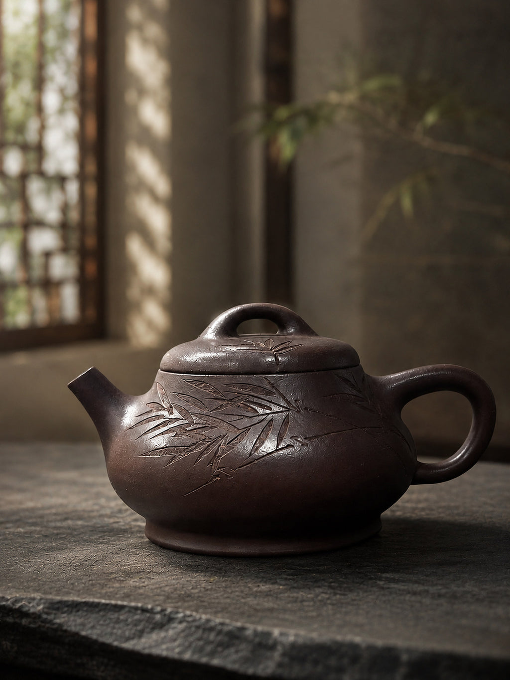 Ziyu Jinsha Shipiao teapot, front view of bamboo carving
