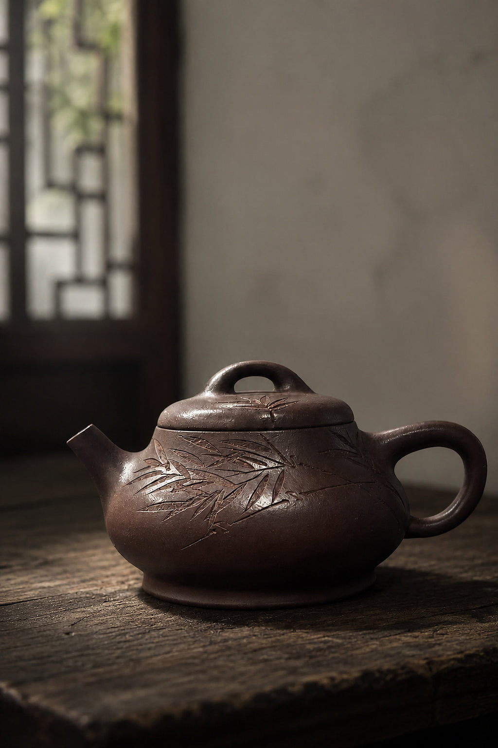 Carved Ziyu Jinsha Shipiao teapot on dark stone
