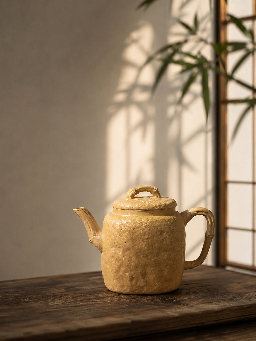 Square Form Yixing teapot in aged Duanni, front view on a rustic wood table