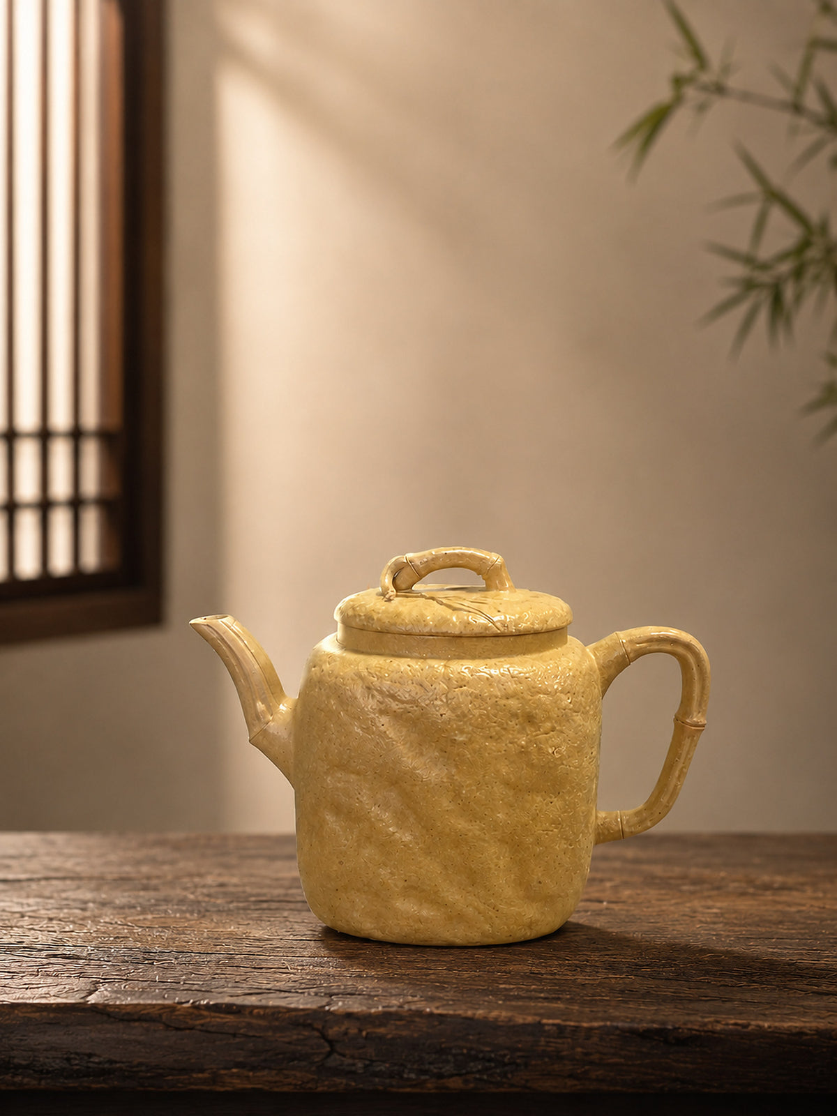 Square Form Yixing teapot in aged Duanni, front view on a weathered tabletop